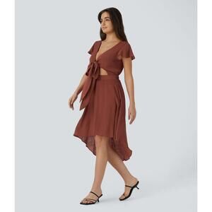 NWT Halara V Neck Tie Front & Back Cut Out High Low Flowy Midi Brandy Snifter XS